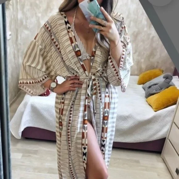 New Tribal Print Kimono Duster Maxi Robe Coverup - Picture 7 of 7